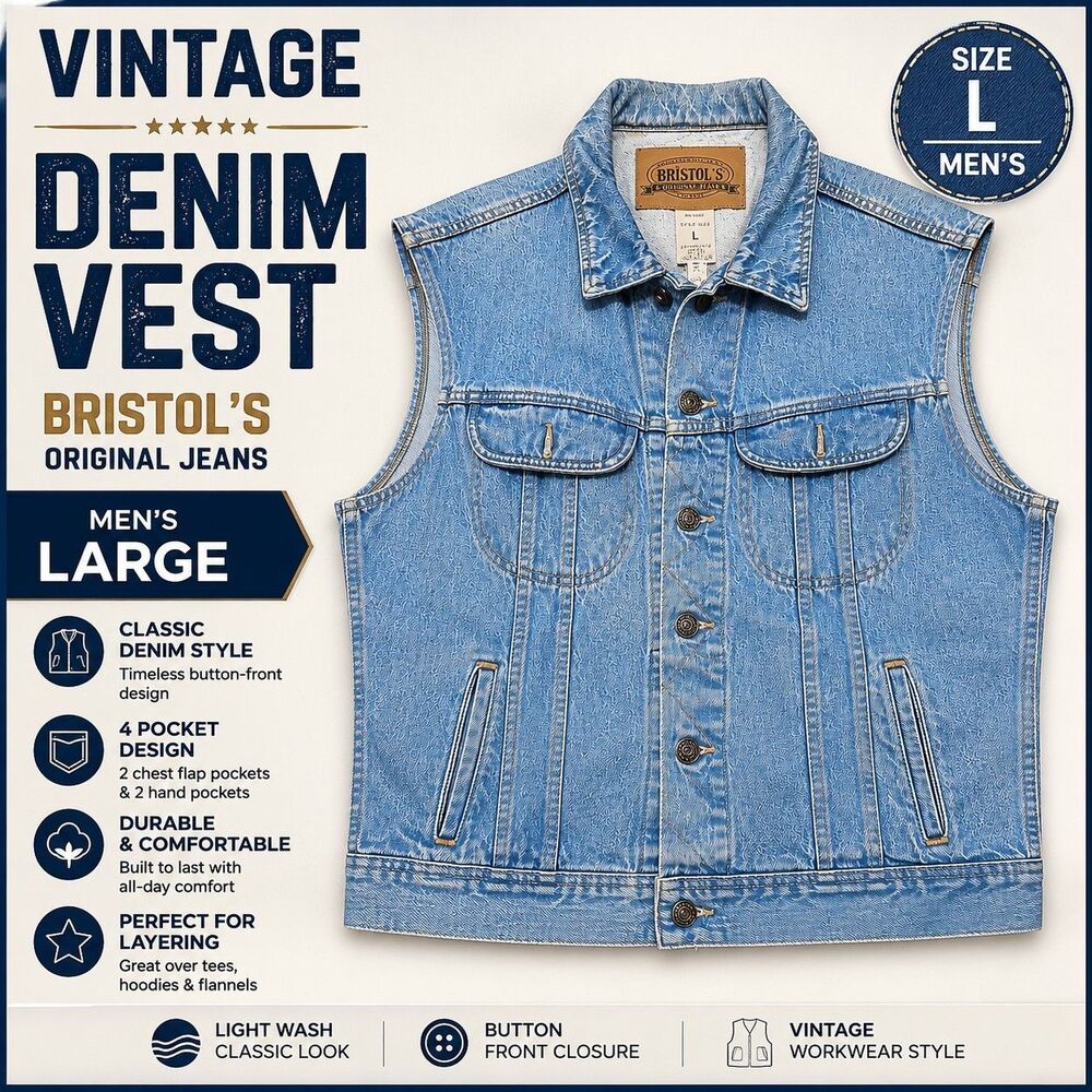 Vintage Bristol's Original Jeans Denim Vest Men's Large Blue Button Front